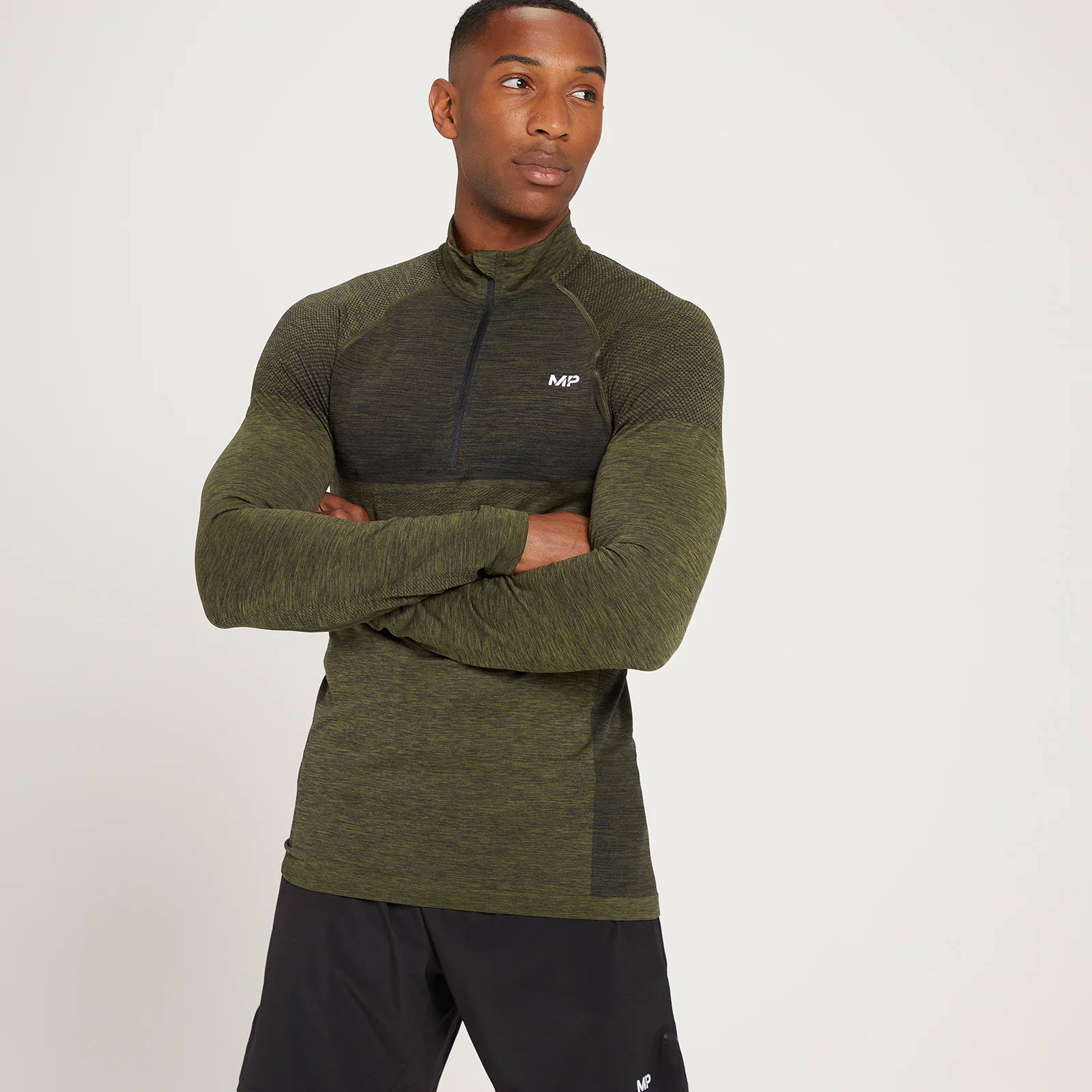 MP Men's Essential Seamless 1/4 Zip Top - muška majica dugih rukava sa rajsferšlusom - tamnomaslinasti melanž - XS Slika 1