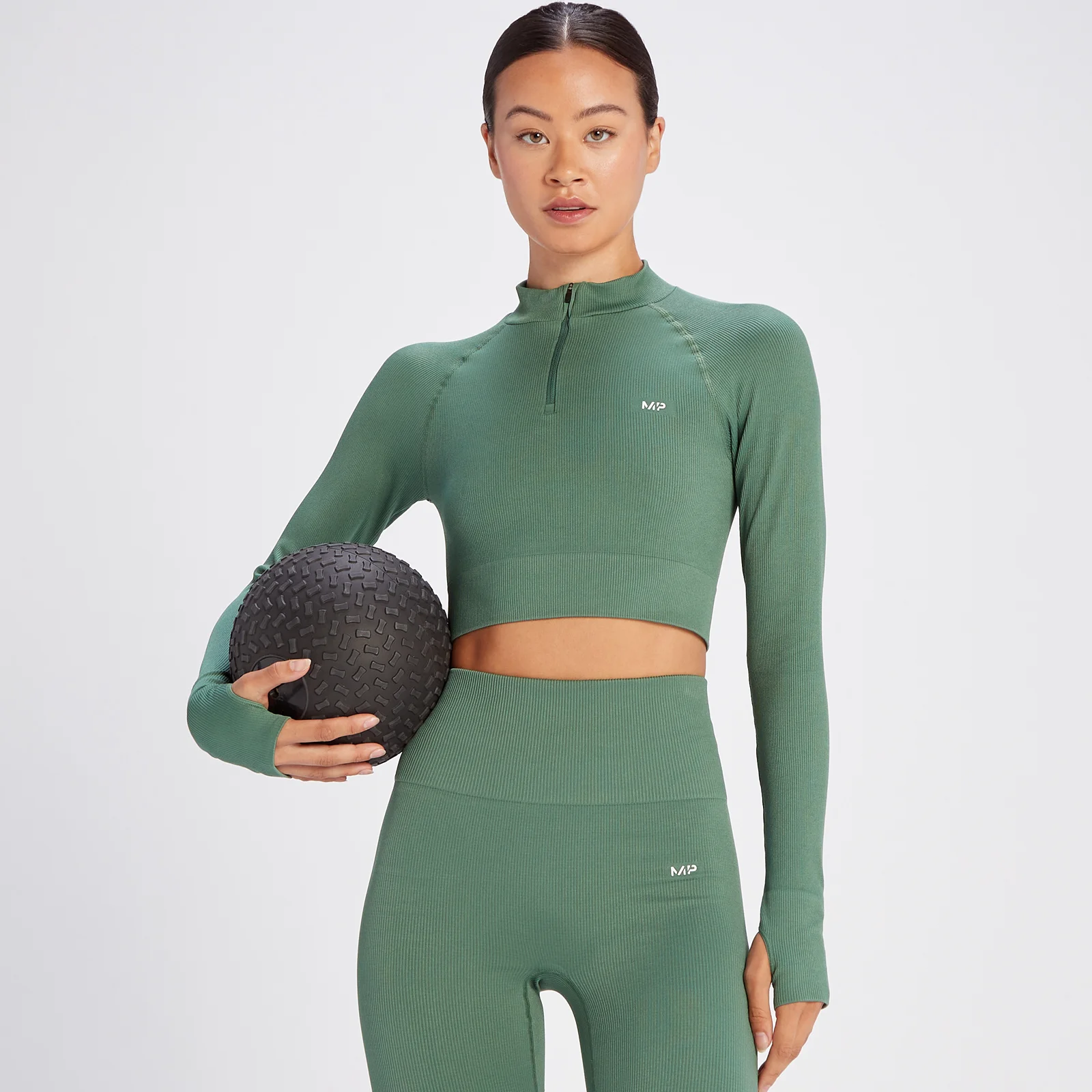 MP Women's Tempo Rib Seamless Crop 1/4 Zip - ženska majica - sivozelena - XS Slika 1